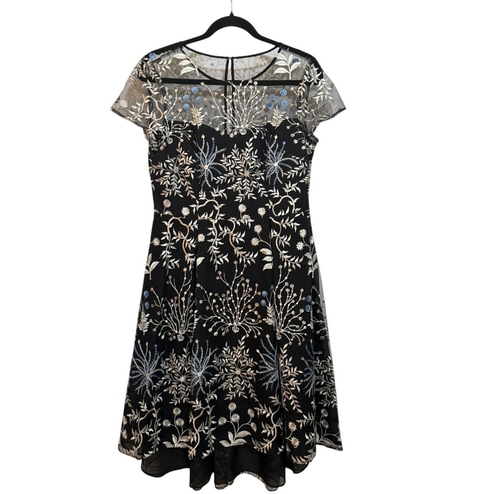 Adrianna Papell Floral Embroidered Mesh Cocktail Dress Black Gold Blue Size 8